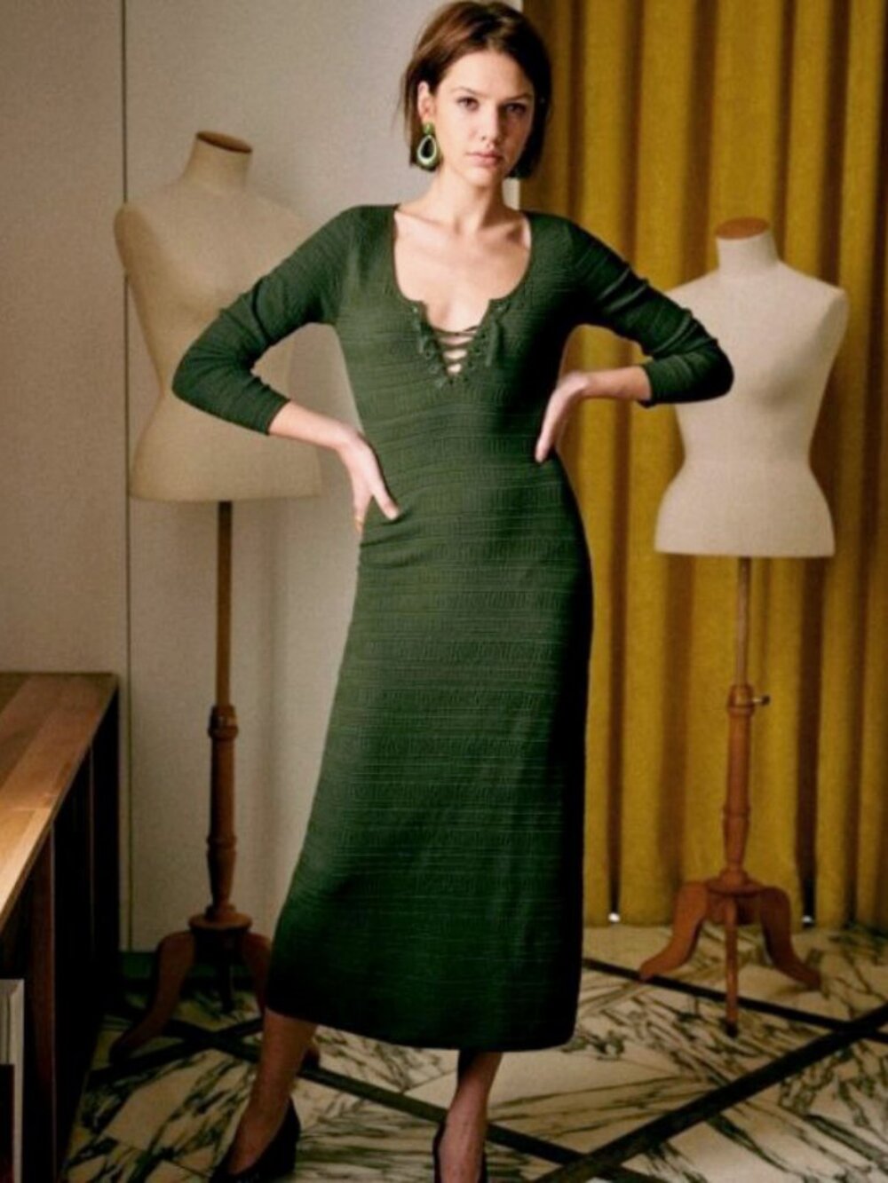 Like New Sezane Estela Lace Up Fancy Knit Maxi Dress Olive Green XS
